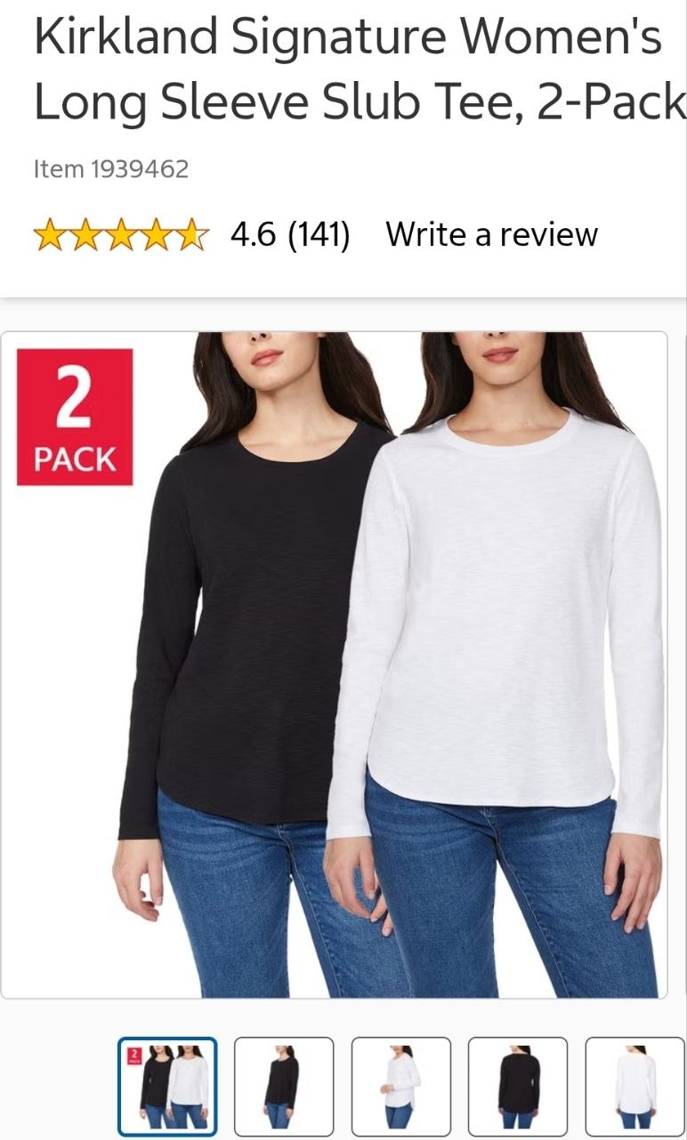 Kirkland Signature Women's Long Sleeve Slub Tee, 2-Pack