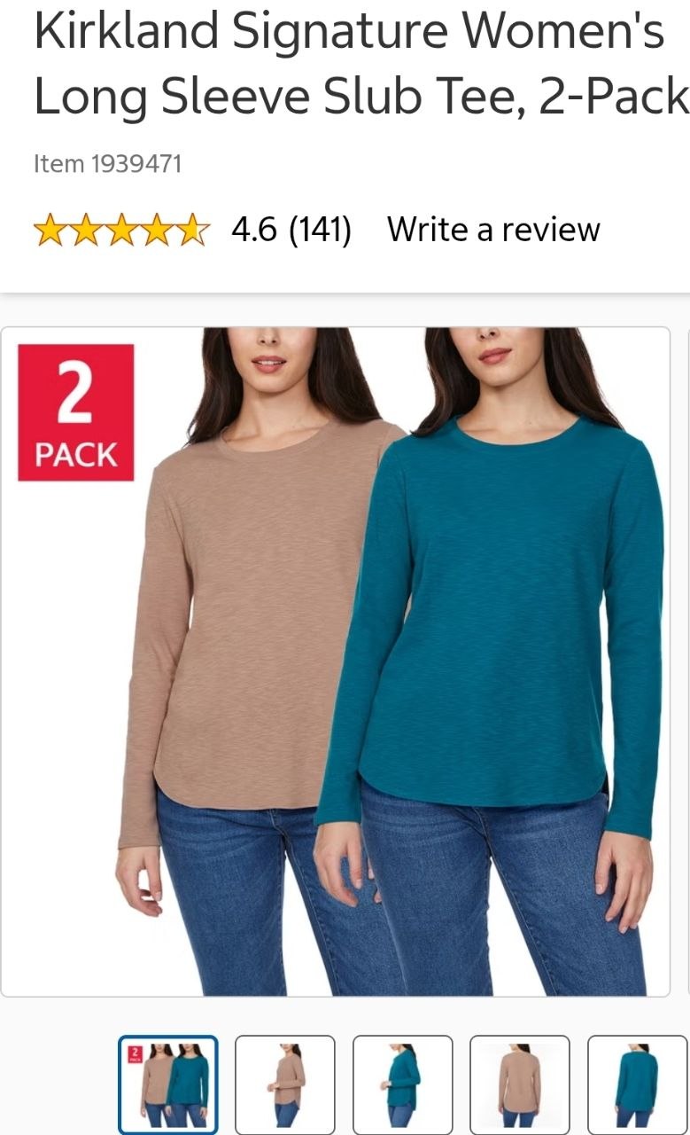Kirkland Signature Women's Long Sleeve Slub Tee, 2-Pack