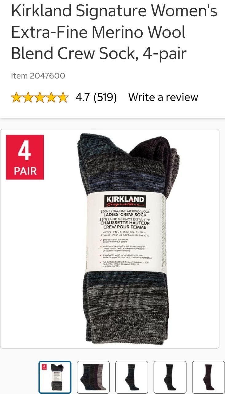 Kirkland Signature Women's Extra-Fine Merino Wool Blend Crew Sock, 4-pair