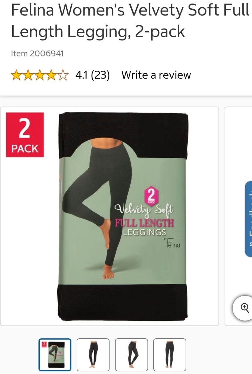 Felina Women's Velvety Soft Full Length Legging, 2-pack