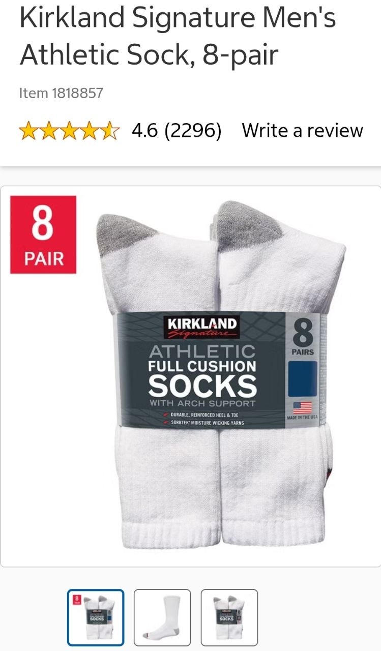 Kirkland Signature Men's Athletic Sock, 8-pair