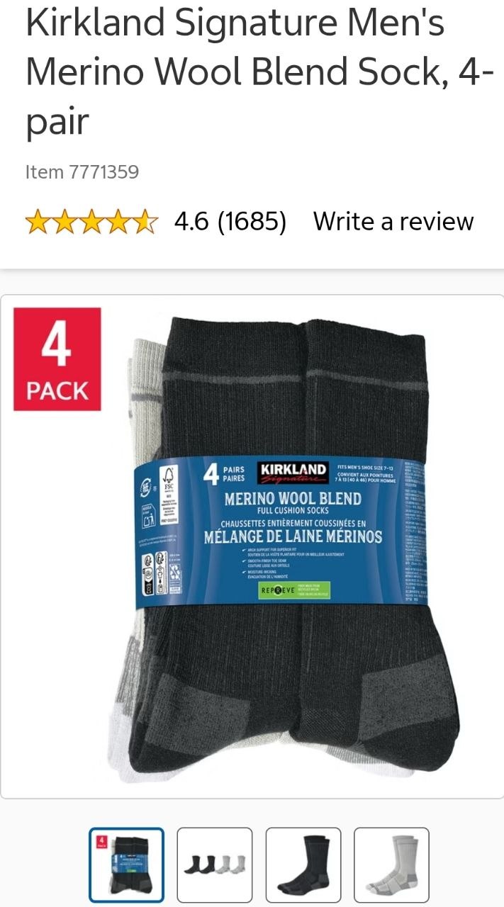 Kirkland Signature Men's Merino Wool Blend Sock, 4-pair