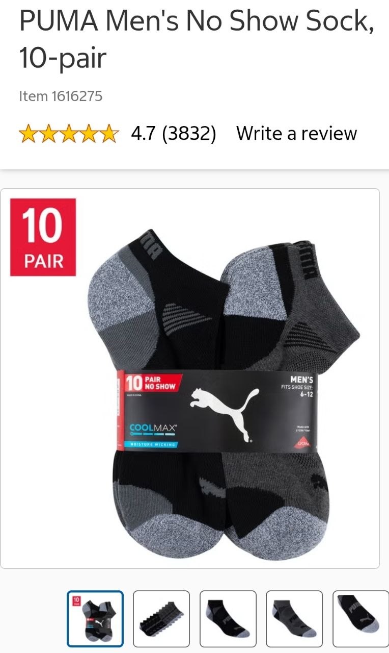PUMA Men's No Show Sock, 10-pair