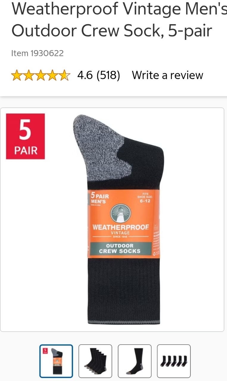 Weatherproof Vintage Men's Outdoor Crew Sock, 5-pair