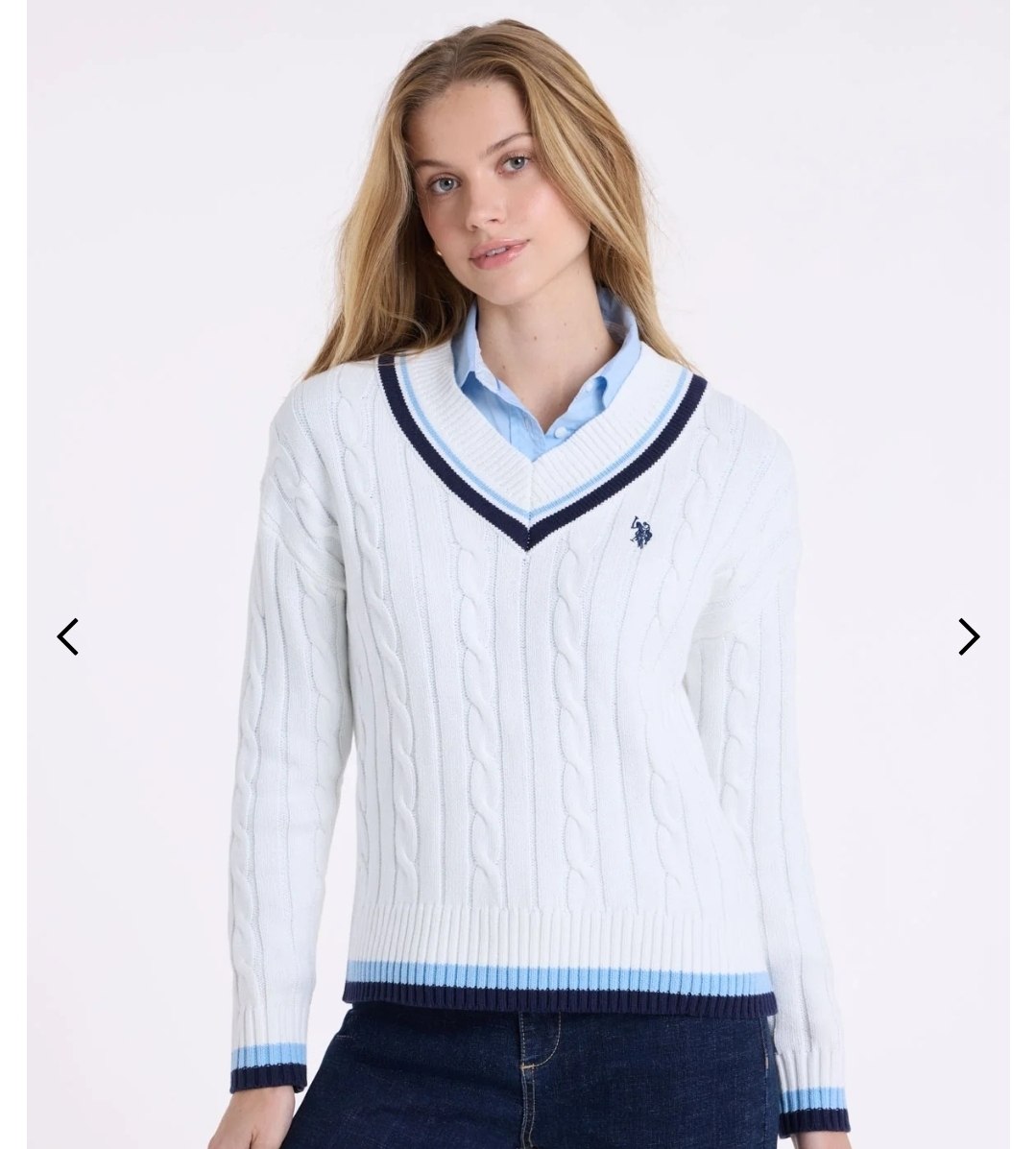 VARSITY STRIPE V-NECK CABLE SWEATER