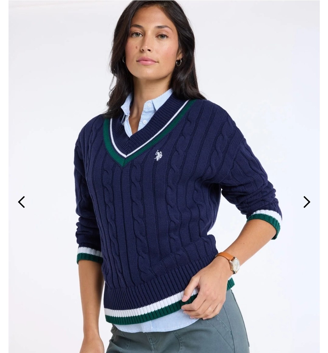 VARSITY STRIPE V-NECK CABLE SWEATER