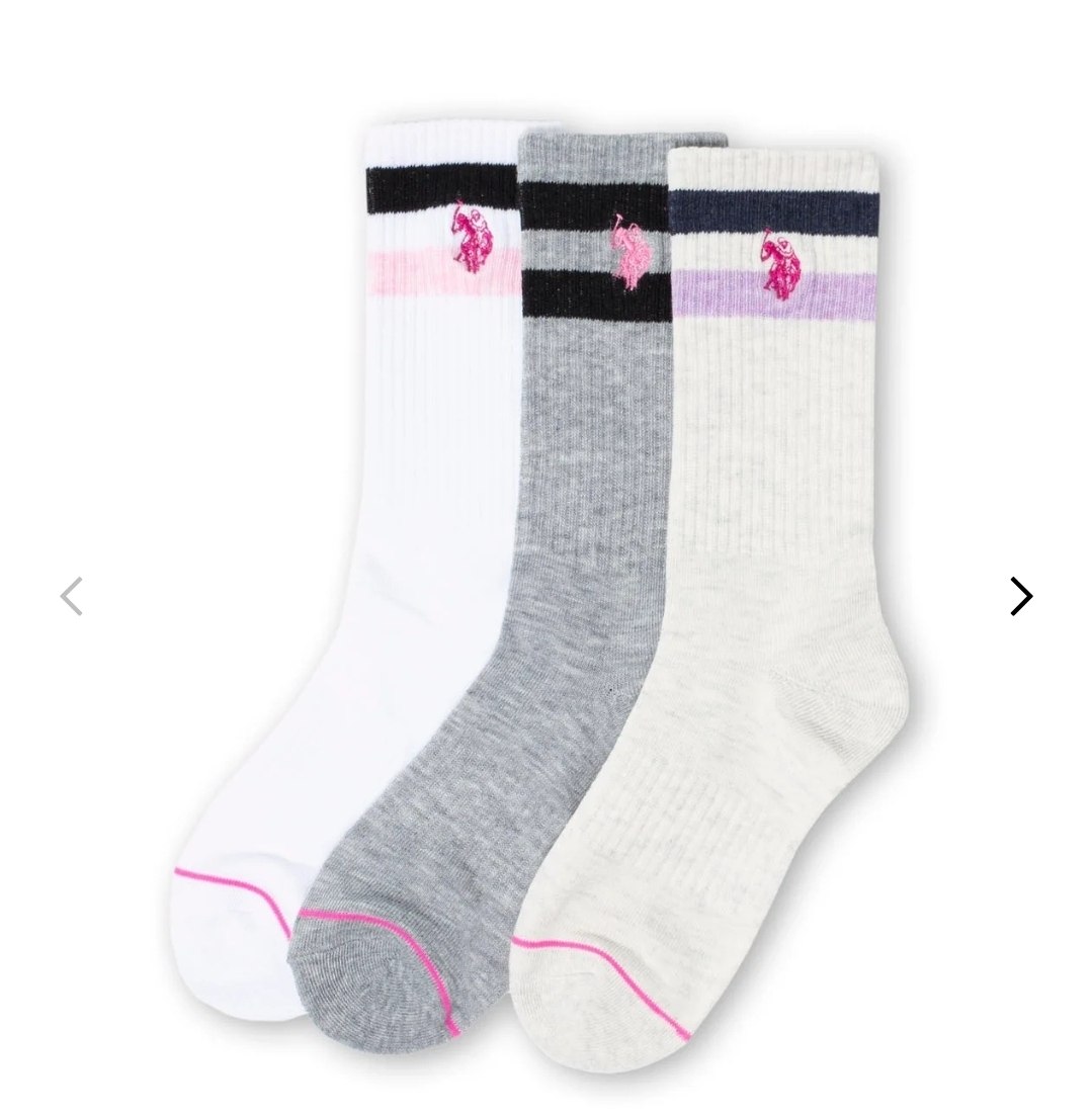 LADIES 3PK STRIPE ASSORTED CREW SOCKS