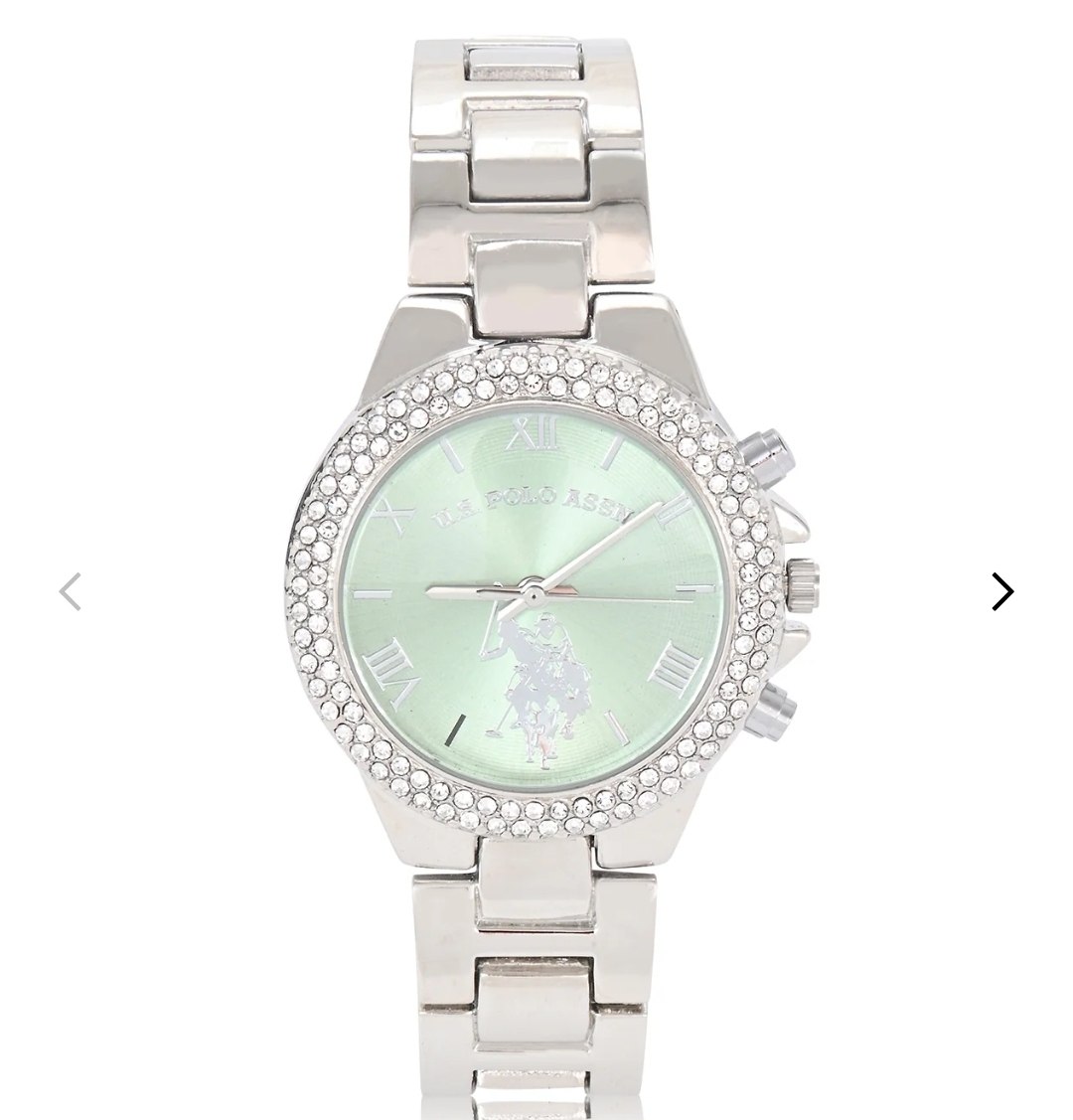 LADIES EMBELLISHED SILVER LINK WATCH WITH MINT FACE
