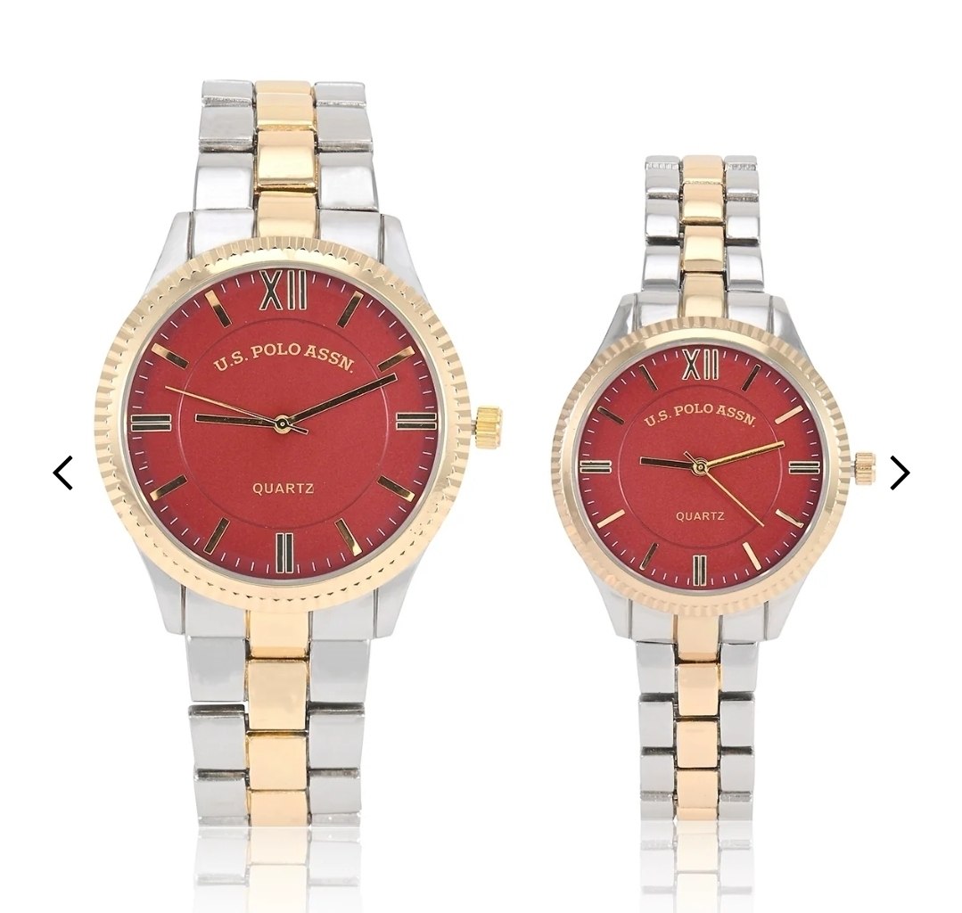 HIS AND HERS TWO TONE LINK WITH RED DIAL WATCH SET