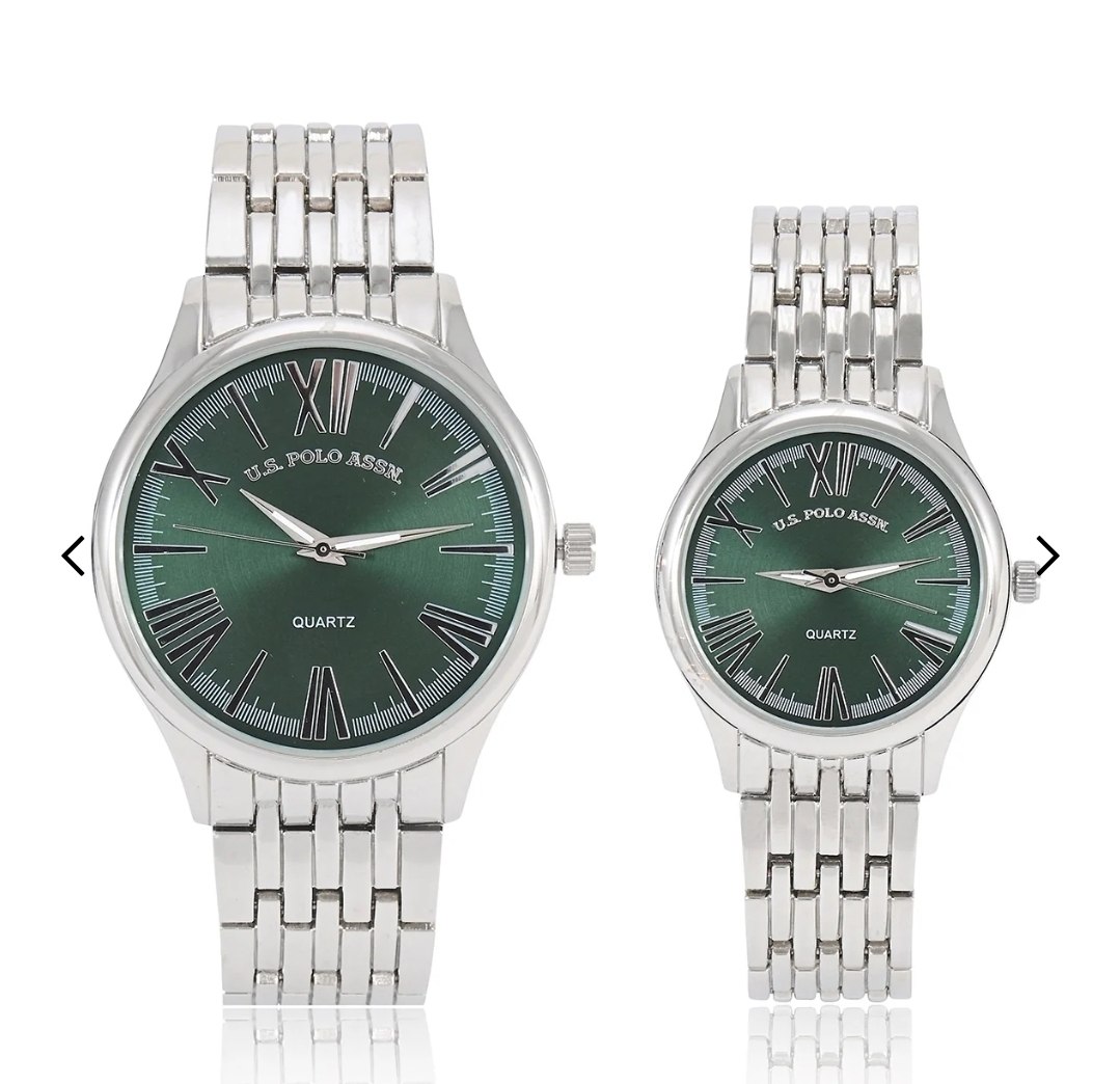 HIS AND HERS SILVR LINK WITH GREEN DIAL WATCH SET