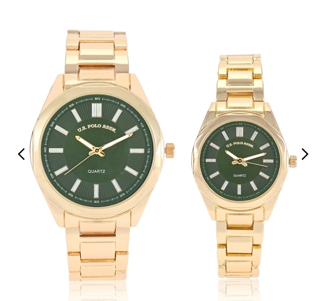 HIS AND HERS GOLD LINK WITH GREEN DIAL WATCH SET