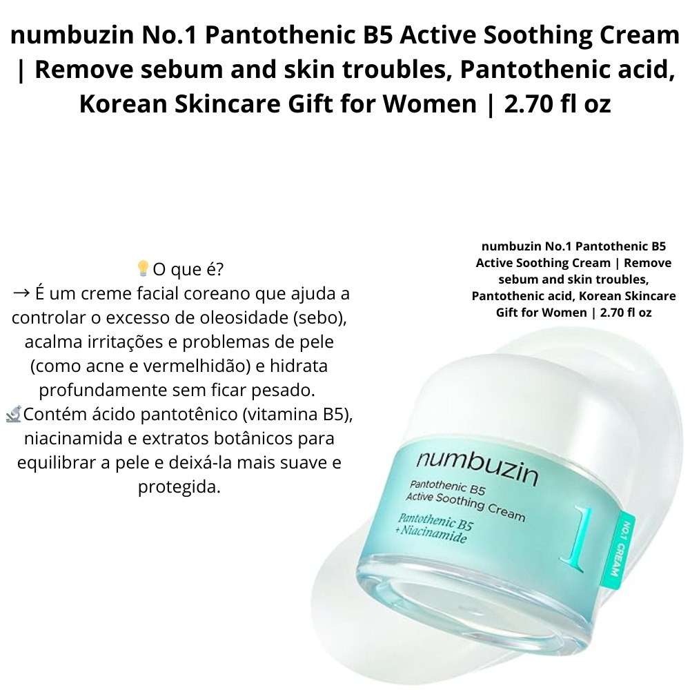 numbuzin No.1 Pantothenic B5 Active Soothing Cream | Remove sebum and skin troubles, Pantothenic acid, Korean Skincare Gift for Women | 2.70 fl oz